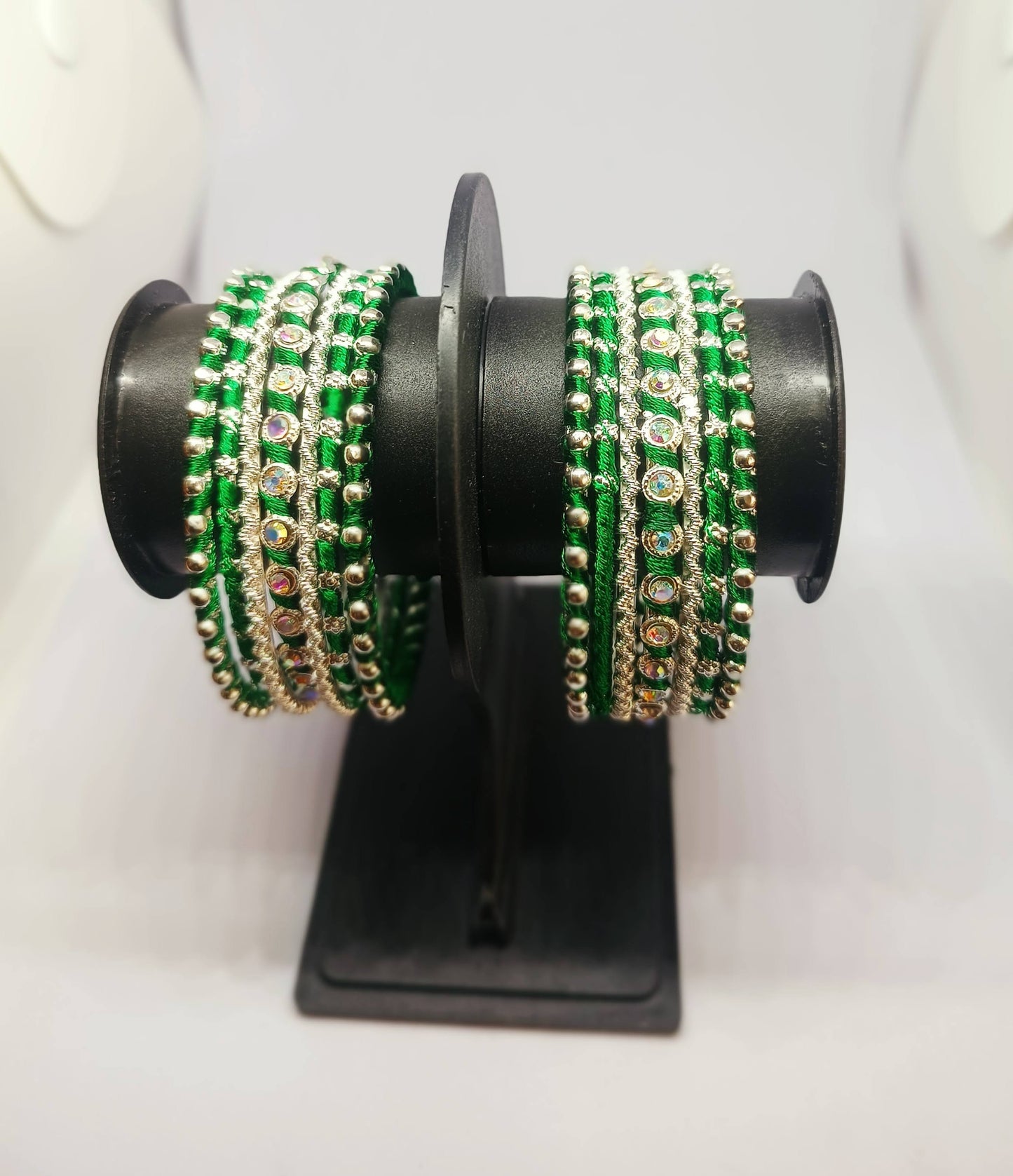 Set of 14 Silk Thread, Stone & Kundan Studded Chuda Bangles | Ethnic Collection | Gift for Women  - Dark Green with Silver