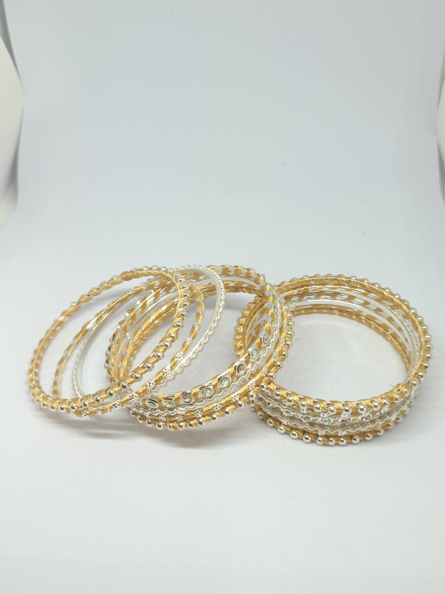 Set of 14 Silk Thread, Stone & Kundan Studded Chuda Bangles | Ethnic Collection | Gift for Women  - Golden with Silver