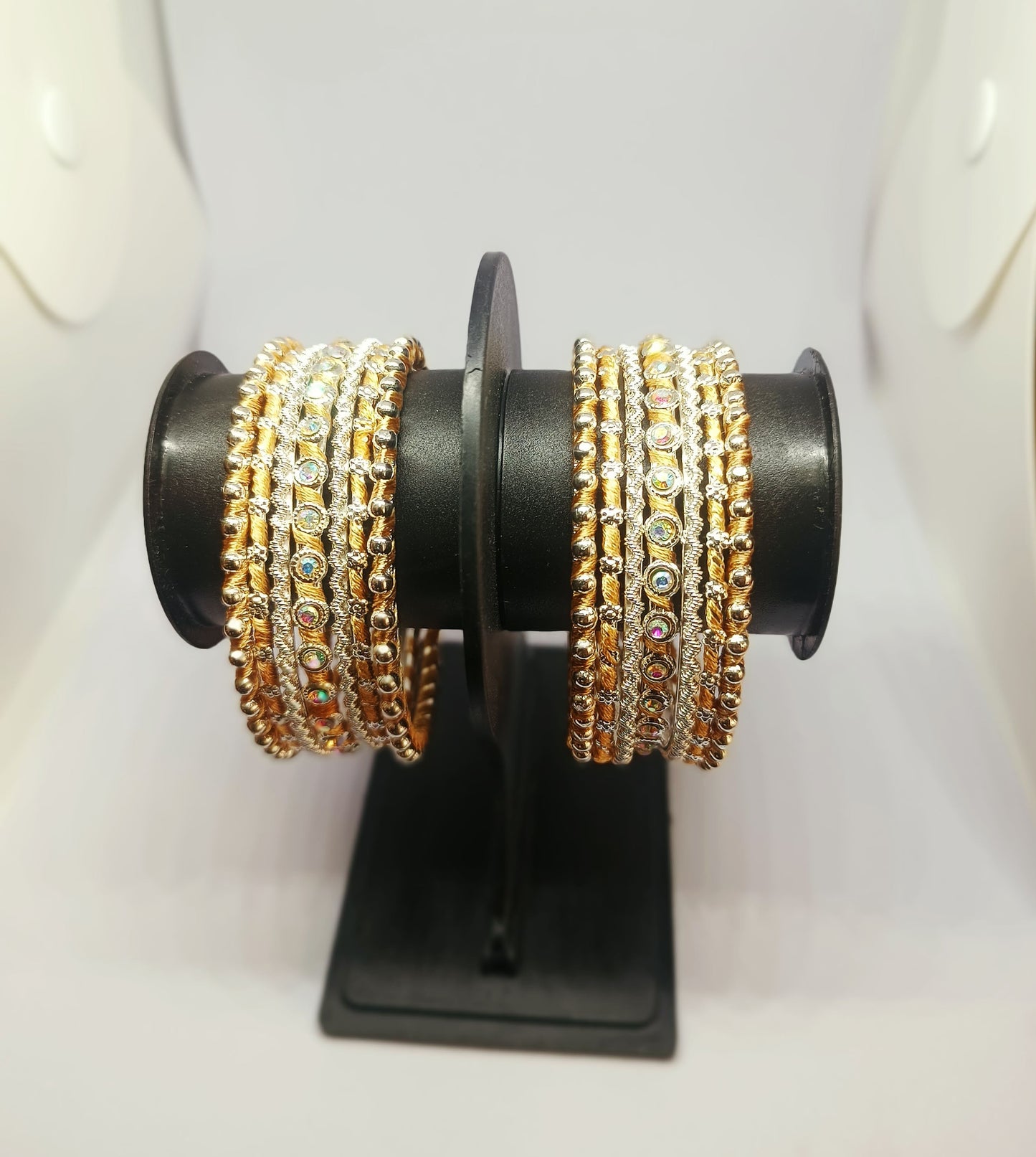 Set of 14 Silk Thread, Stone & Kundan Studded Chuda Bangles | Ethnic Collection | Gift for Women  - Golden with Silver