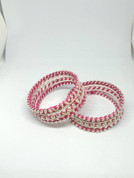 Set of 14 Silk Thread, Stone & Kundan Studded Chuda Bangles | Ethnic Collection | Gift for Women - Dark Pink with Silver