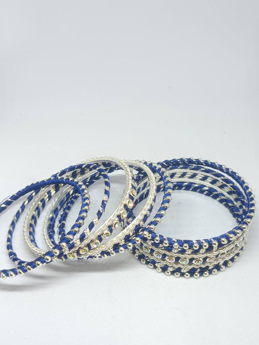 Set of 14 Silk Thread, Stone & Kundan Studded Chuda Bangles | Ethnic Collection | Gift for Women - Blue with Silver