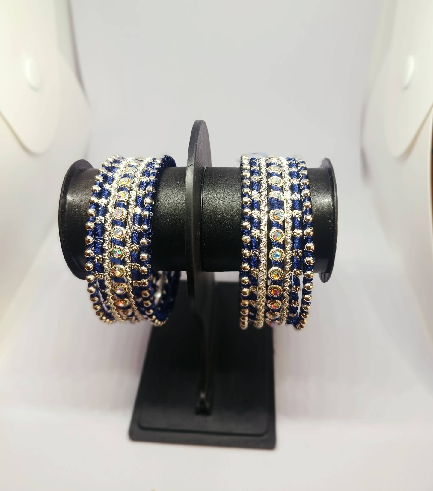 Set of 14 Silk Thread, Stone & Kundan Studded Chuda Bangles | Ethnic Collection | Gift for Women  - Blue with Silver