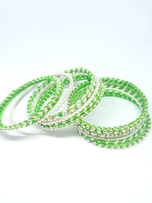 Set of 14 Silk Thread, Stone & Kundan Studded Chuda Bangles | Ethnic Collection | Gift for Women - Green with Silver