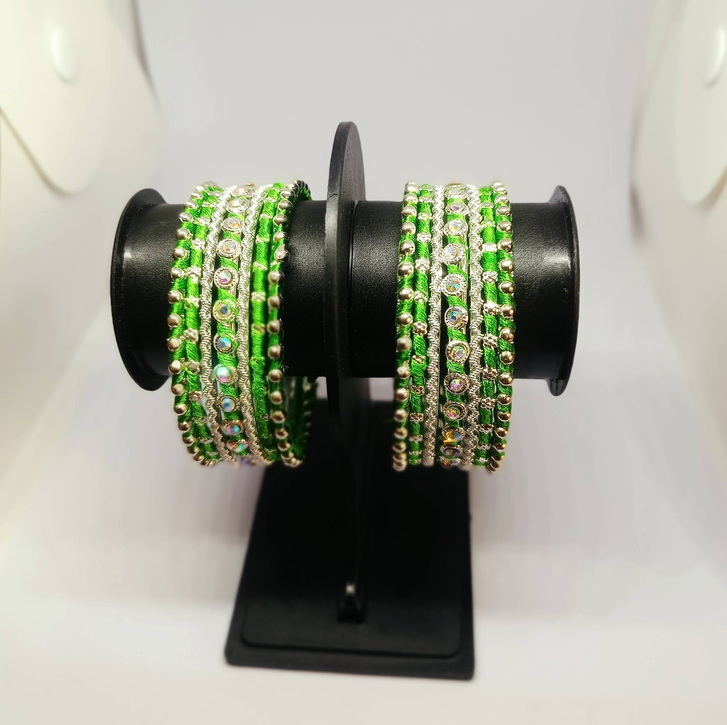 Set of 14 Silk Thread, Stone & Kundan Studded Chuda Bangles | Ethnic Collection | Gift for Women  - Green with Silver