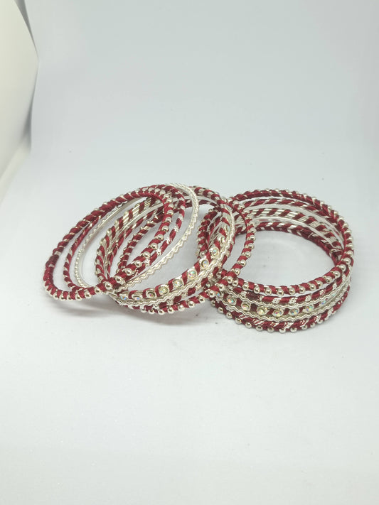 Set of 14 Silk Thread, Stone & Kundan Studded Chuda Bangles | Ethnic Collection | Gift for Women - Maroon with Silver
