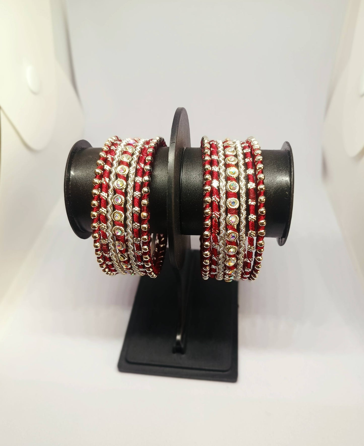 Set of 14 Silk Thread, Stone & Kundan Studded Chuda Bangles | Ethnic Collection | Gift for Women  - Maroon with Silver
