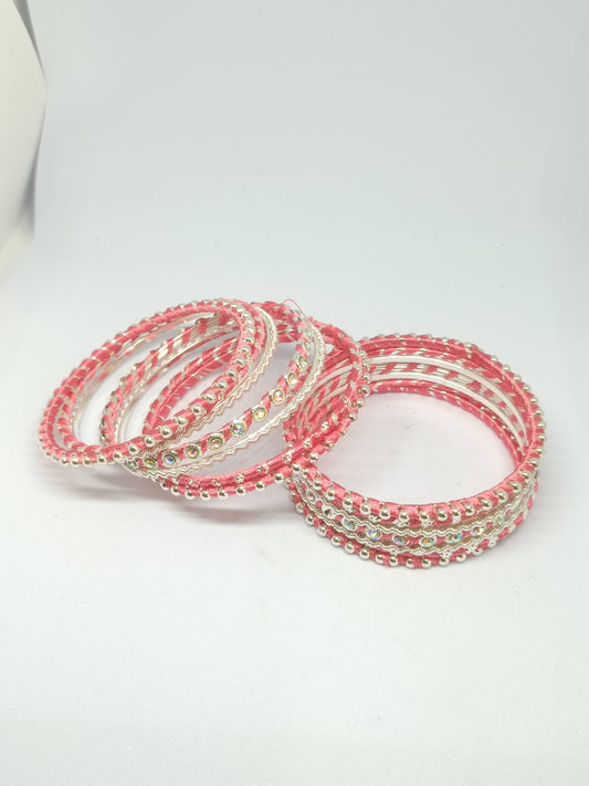 Set of 14 Silk Thread, Stone & Kundan Studded Chuda Bangles | Ethnic Collection | Gift for Women - Peach with Silver