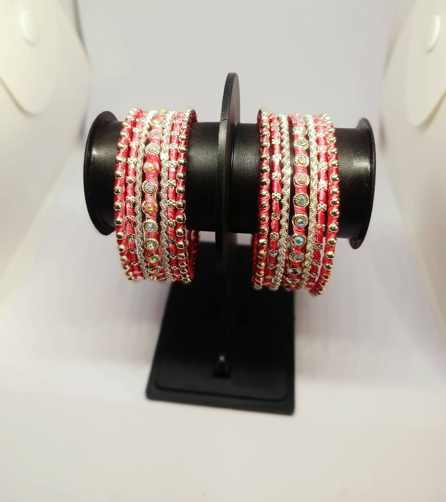 Set of 14 Silk Thread, Stone & Kundan Studded Chuda Bangles | Ethnic Collection | Gift for Women  - Peach with Silver