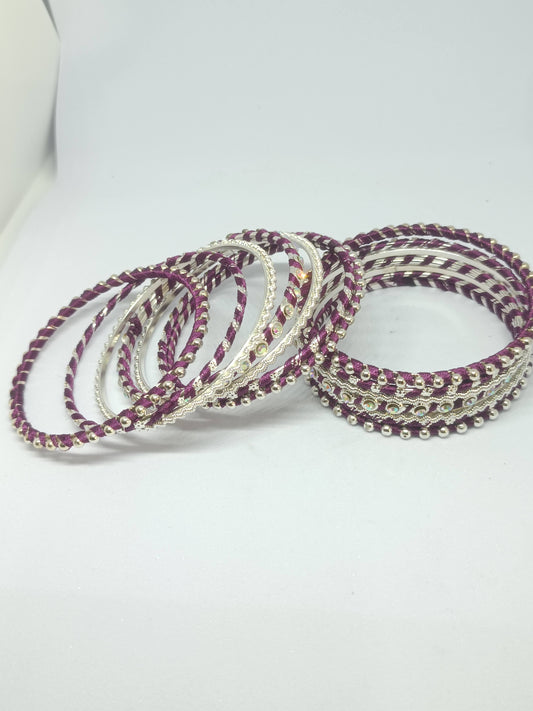Set of 14 Silk Thread, Stone & Kundan Studded Chuda Bangles | Ethnic Collection | Gift for Women - Purple with Silver