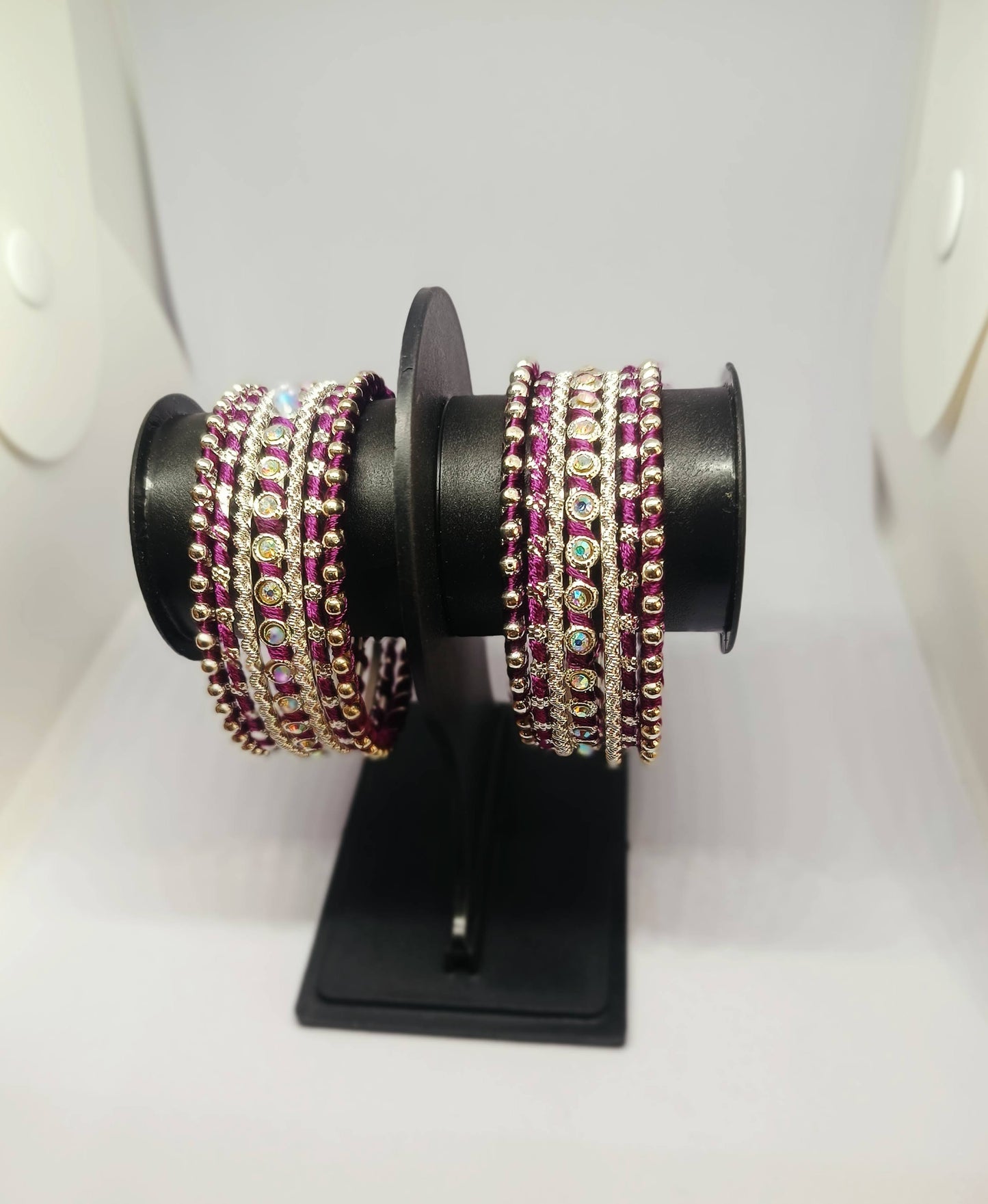 Set of 14 Silk Thread, Stone & Kundan Studded Chuda Bangles | Ethnic Collection | Gift for Women  - Purple with Silver