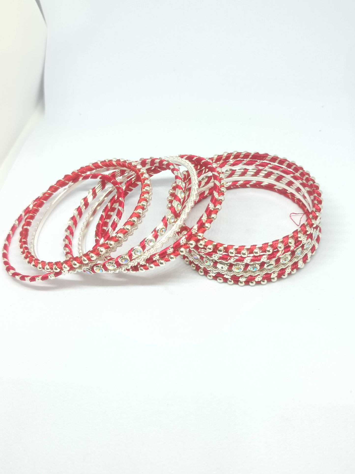 Set of 14 Silk Thread, Stone & Kundan Studded Chuda Bangles | Ethnic Collection | Gift for Women  - Red with Silver