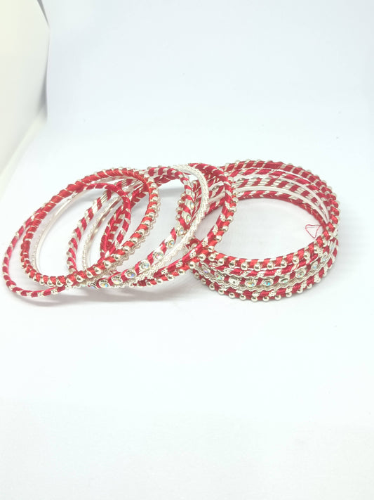 Set of 14 Silk Thread, Stone & Kundan Studded Chuda Bangles | Ethnic Collection | Gift for Women - Red with Silver