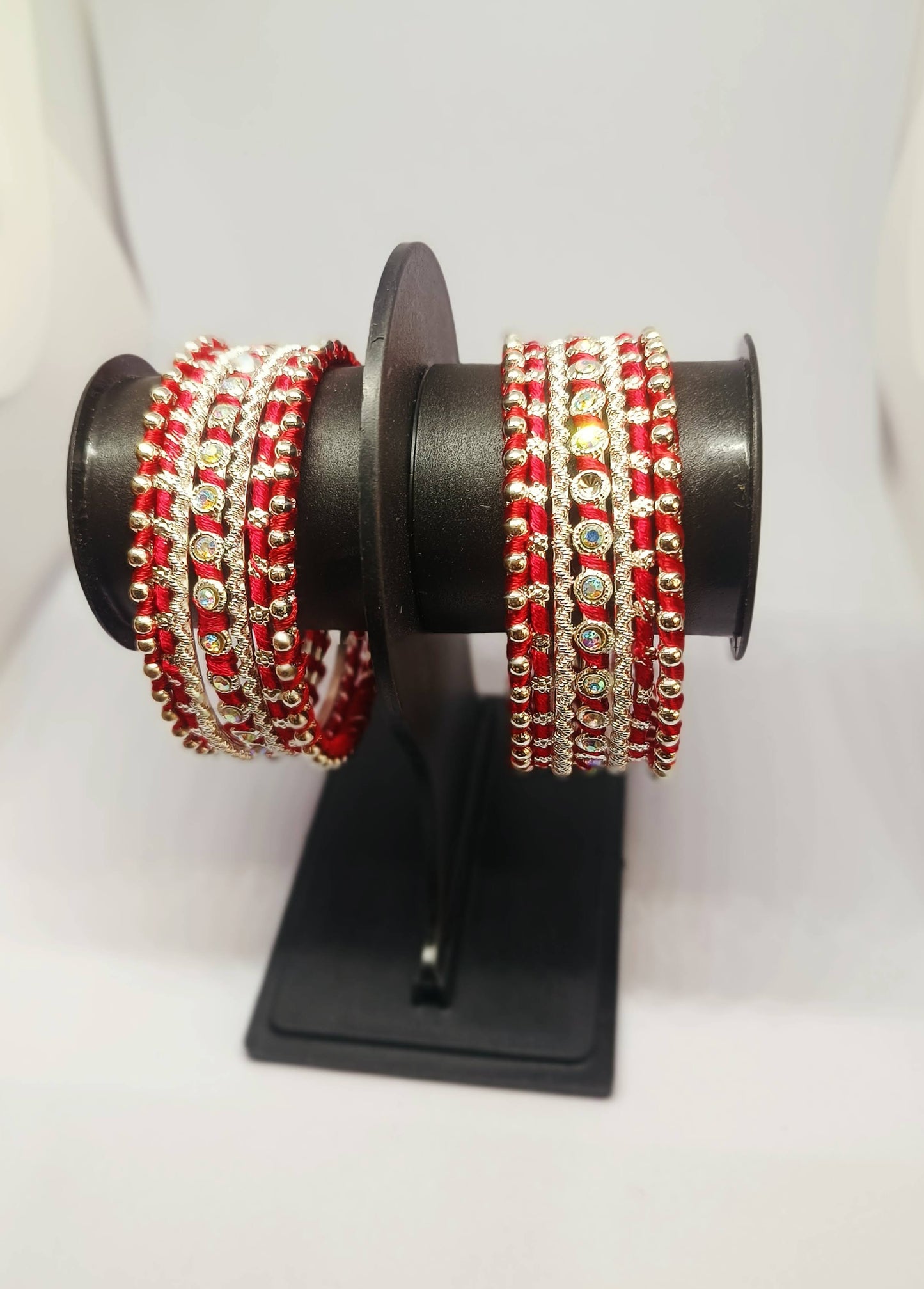 Set of 14 Silk Thread, Stone & Kundan Studded Chuda Bangles | Ethnic Collection | Gift for Women  - Red with Silver