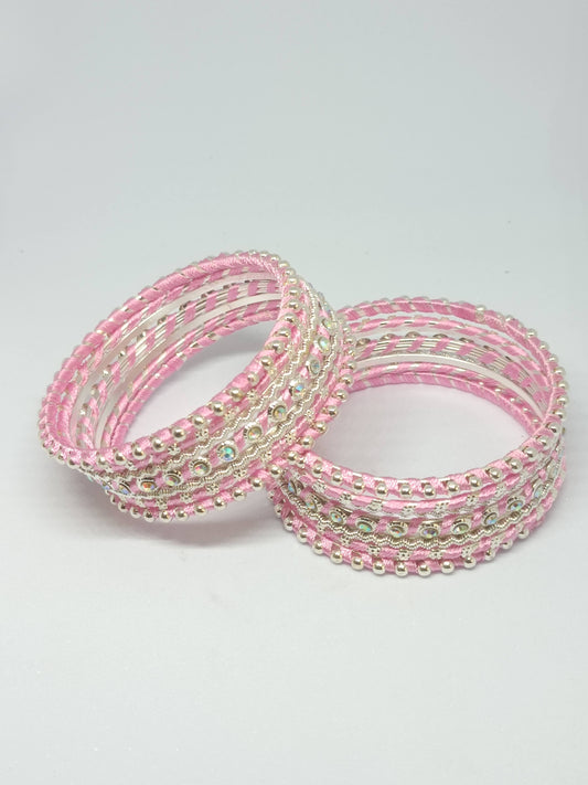 Set of 14 Silk Thread, Stone & Kundan Studded Chuda Bangles | Ethnic Collection | Gift for Women - Baby Pink with Silver