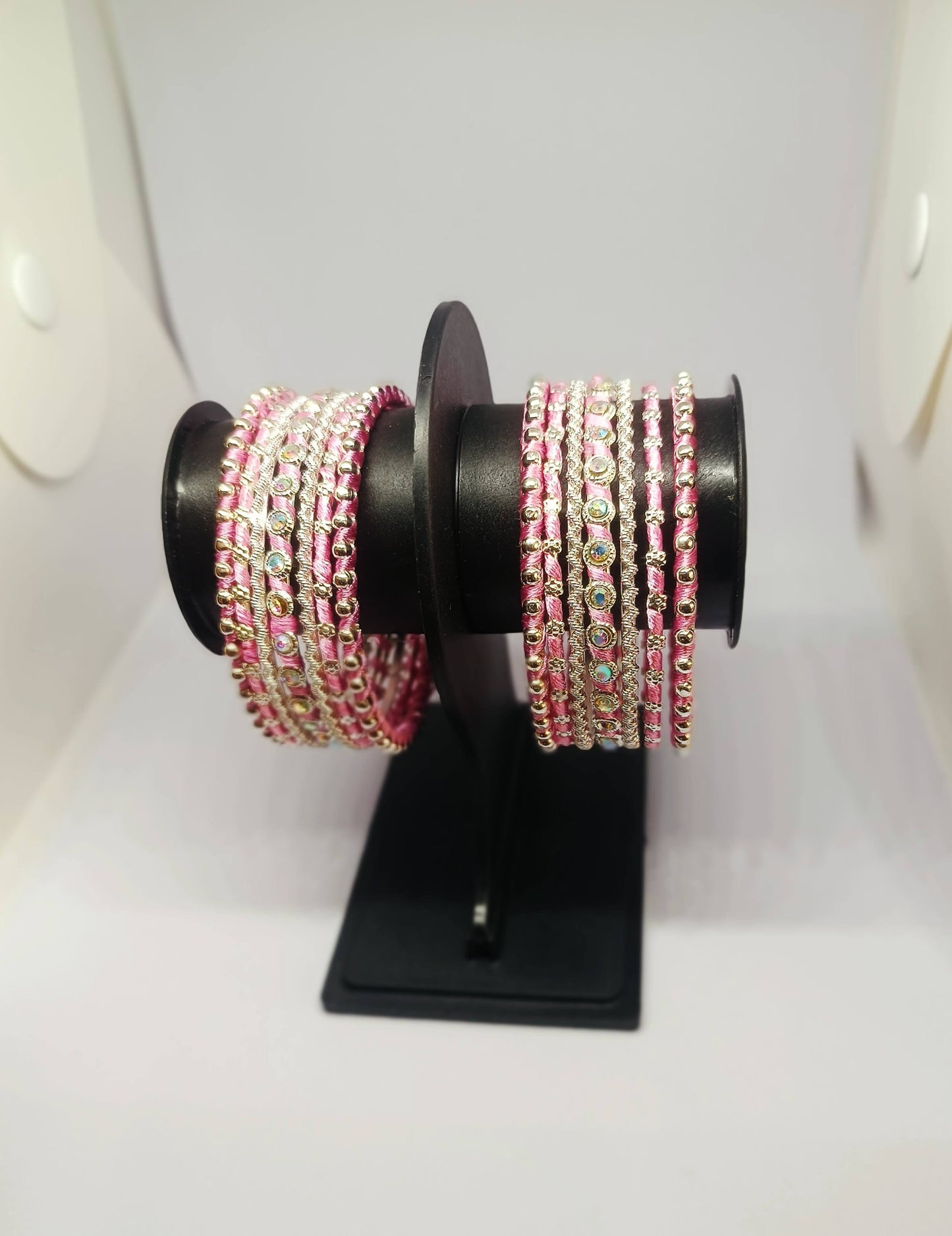 Set of 14 Silk Thread, Stone & Kundan Studded Chuda Bangles | Ethnic Collection | Gift for Women  - Baby Pink with Silver