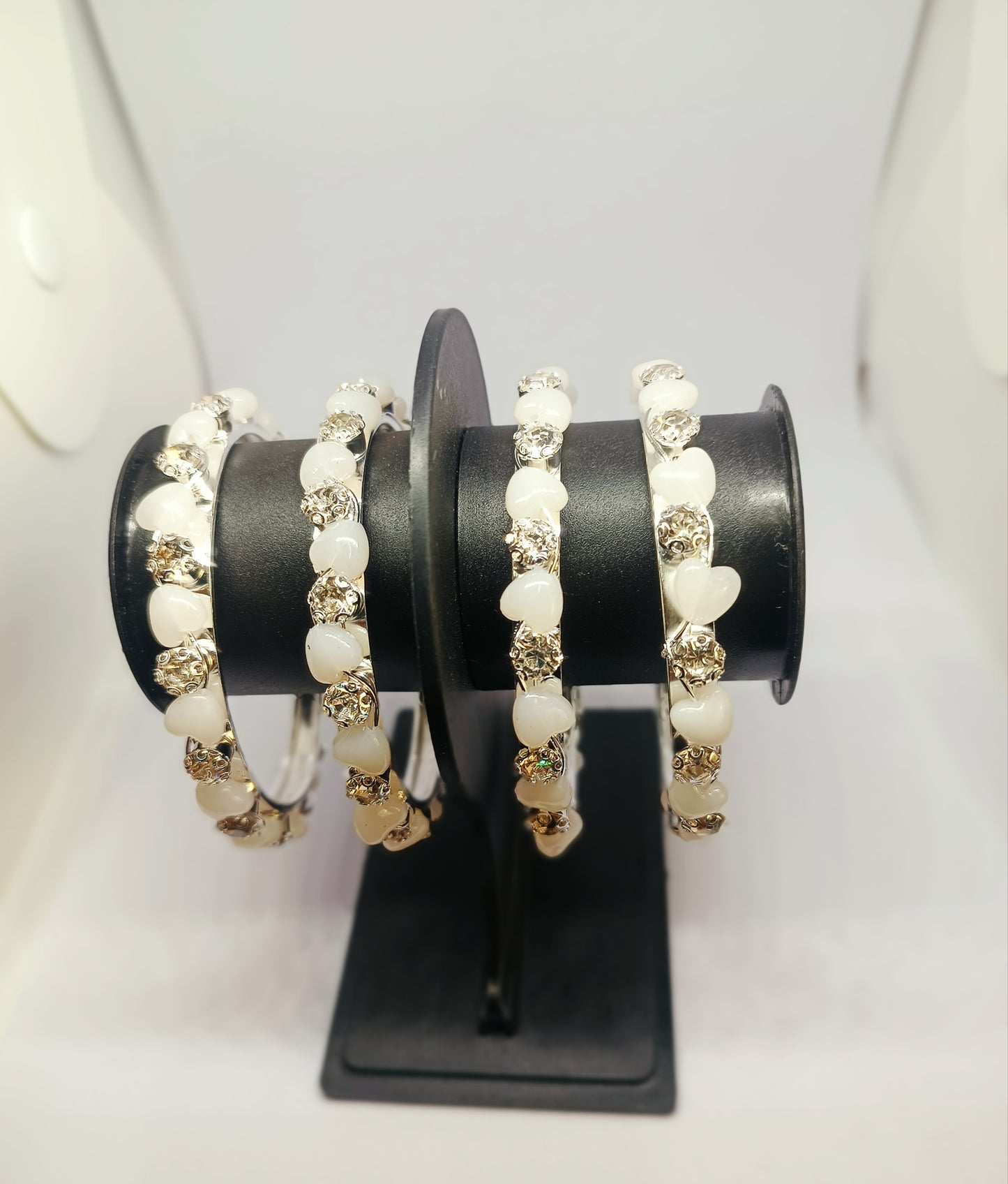 Set of 4 Luminous Heart-Studded Silver-Tone Bangles
