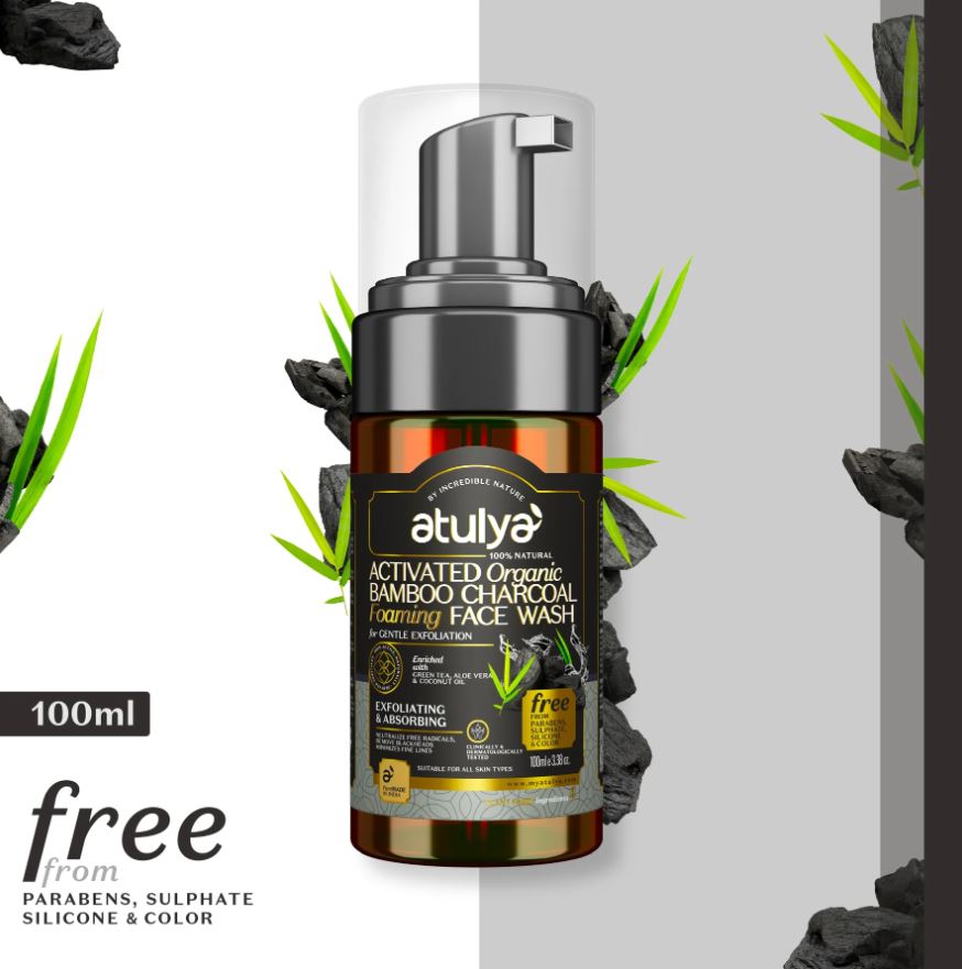 Atulya Activated Organic Bamboo Charcoal Foaming Face Wash | Gentle Exfoliator - 100ml