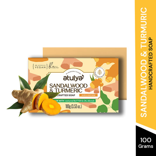 Atulya Sandalwood & Turmeric Handcrafted Soap | Brightens & Purifies | SLS & Paraben Free | For All Skin Types | 125 gm