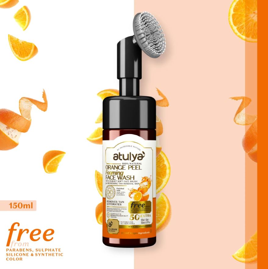 Atulya Orange Peel Foaming Face Wash with Silicone Brush | Tan Removal - 150ml