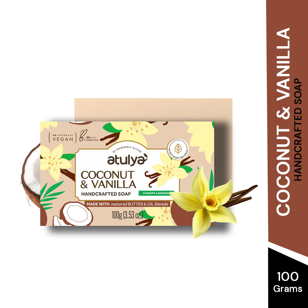 Atulya Coconut & Vanilla Handcrafted Soap | Moisturizes & Softens Skin | SLS & Paraben Free | For All Skin Types | 125 gm