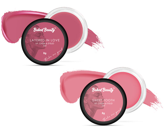 Lip, Cheek and Eyelid Tint for Hydrating Lips Enriched with Vitamin E and Shea Butter, Layered in love & Sweet Tooth, Pack of 2, 8g each