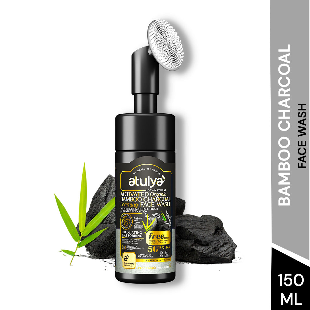 Atulya Activated Organic Bamboo Charcoal Foaming Face Wash With Built In Face Brush | Deep Cleansing, Oil Control | 150 g