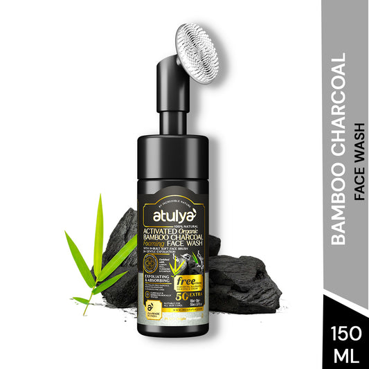 Atulya Activated Organic Bamboo Charcoal Foaming Face Wash With Built In Face Brush | Deep Cleansing, Oil Control | 150 g