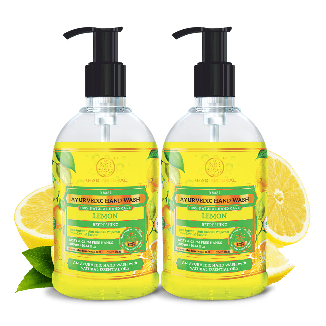 Khadi Natural Refreshing Lemon Hand Wash Bottle & Dispenser Pack of 2 (2×300ml)
