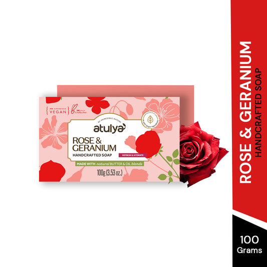 Atulya Rose & Geranium Handcrafted Soap | Hydrates & Refreshes | SLS & Paraben Free | For All Skin Types | 125 gm