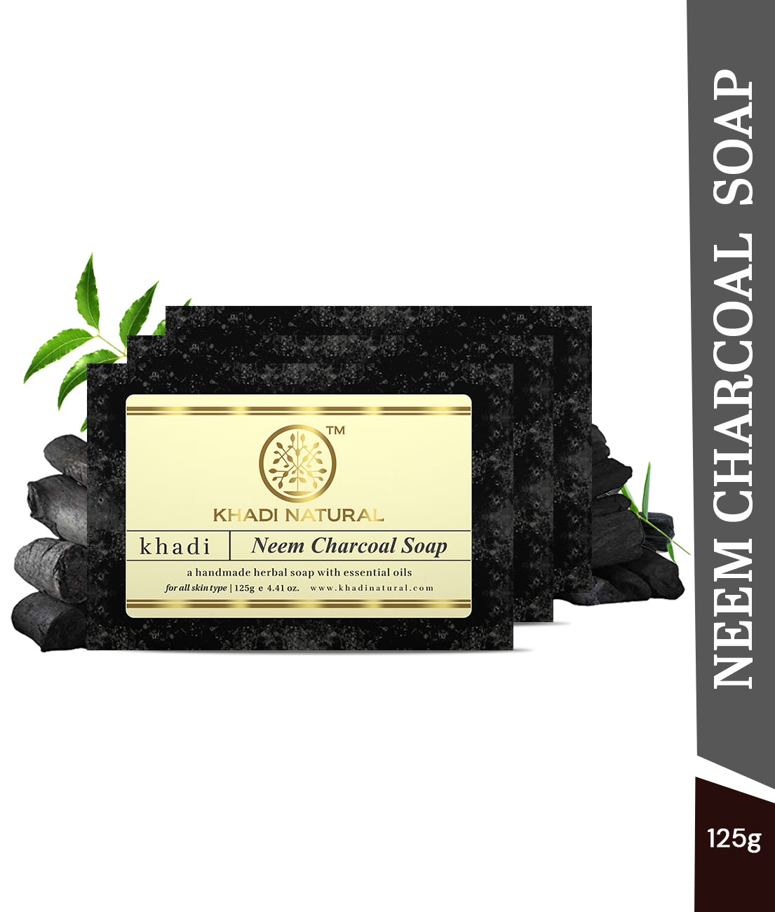 Khadi Natural Neem Charcoal Soap Deep Cleansing Pack of 3 (3×125g)