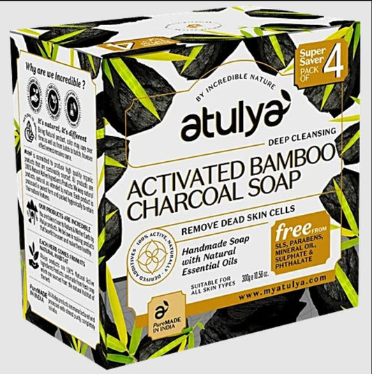 Atulya Activated Bamboo Charcoal Soap | Purifies Pores, Removes Impurities | SLS & Paraben Free | For all skin types | 300 gm (Value pack of 4)