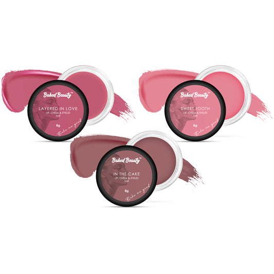 Lip, Cheek and Eyelid Tint for Hydrating Lips Enriched with Vitamin E and Shea Butter, Layered in Love, Sweet Tooth & In the Cake, Pack of 3, 8g each