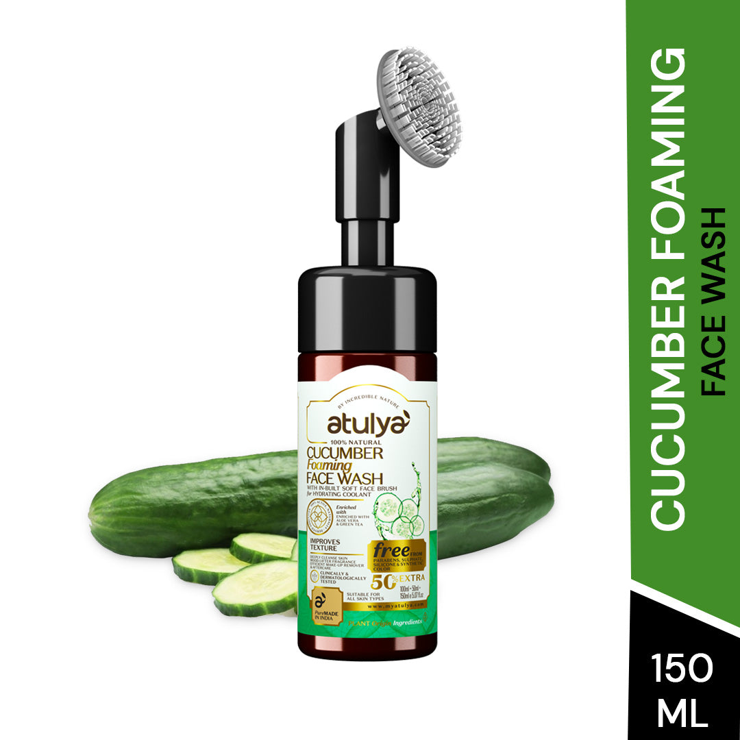 Atulya Foaming Face Wash Cucumber With Built In Face Brush | Soothes Skin & Reduces Puffiness | 150 ml