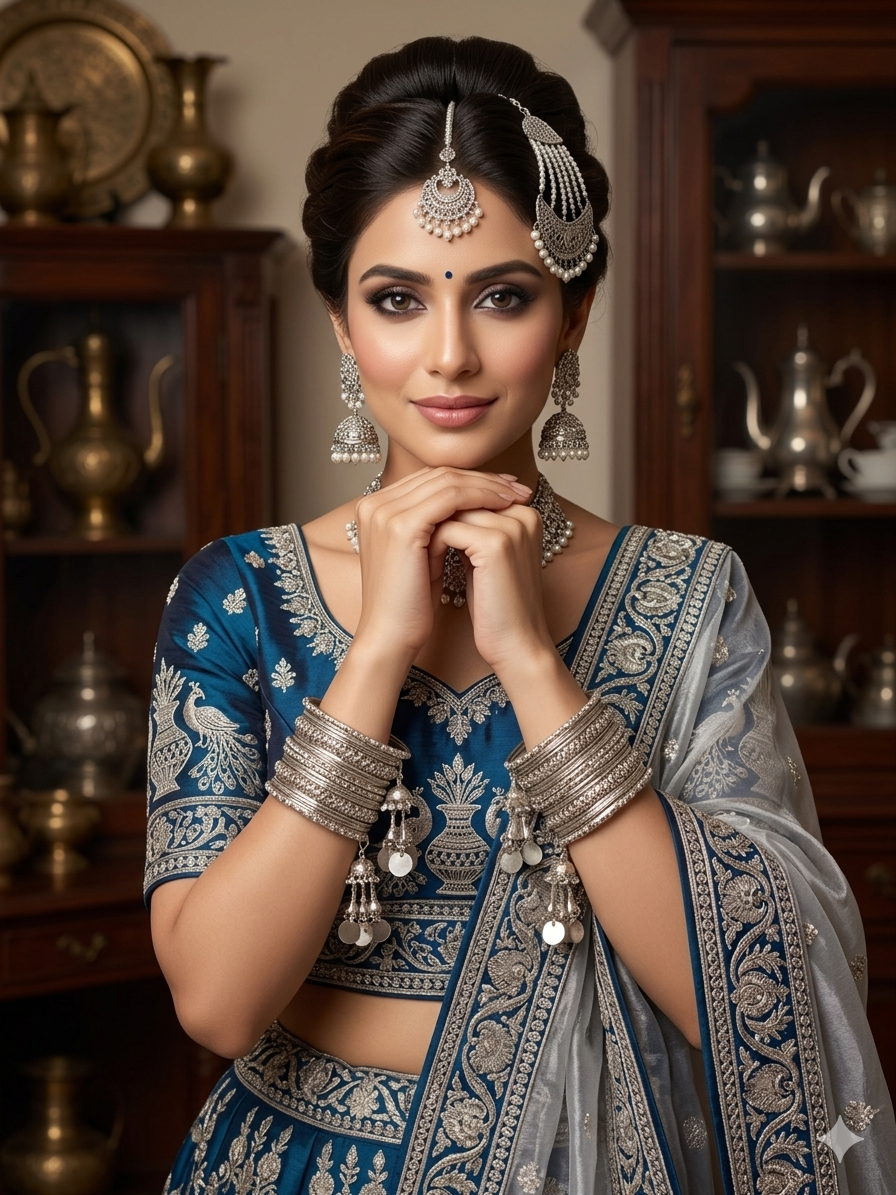 Woman in traditional blue and silver saree with jewelry in a decorated room