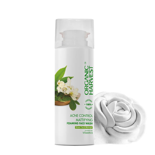 Acne Control Mattifying Foaming Face Wash: Green Tea & Moringa | For Oily Skin | Suitable for Women & Men | 100% American Certified Organic | Sulphate & Paraben-free - 100gm
