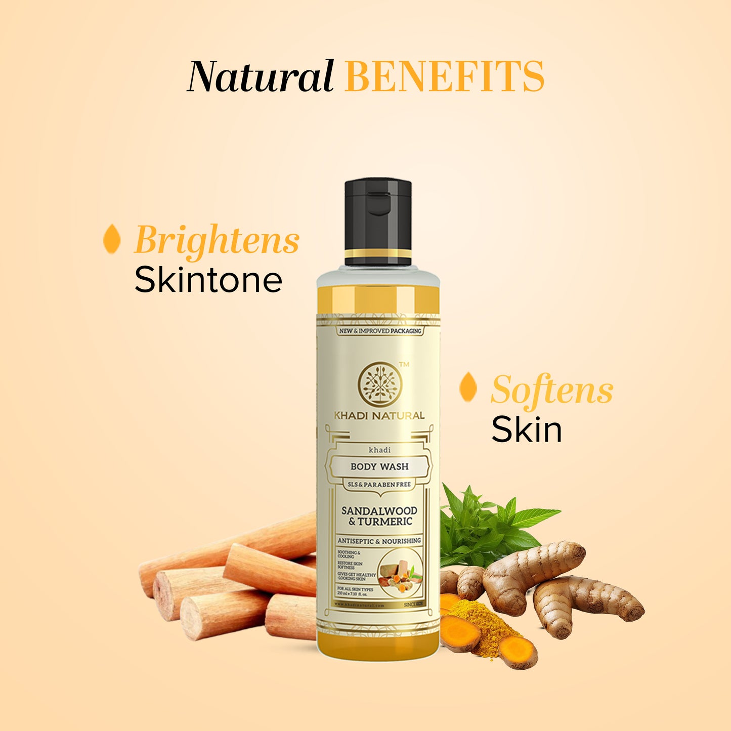 Khadi Natural Sandalwood & Turmeric Body Wash Gently Cleanses & Moisturizes (210ml)
