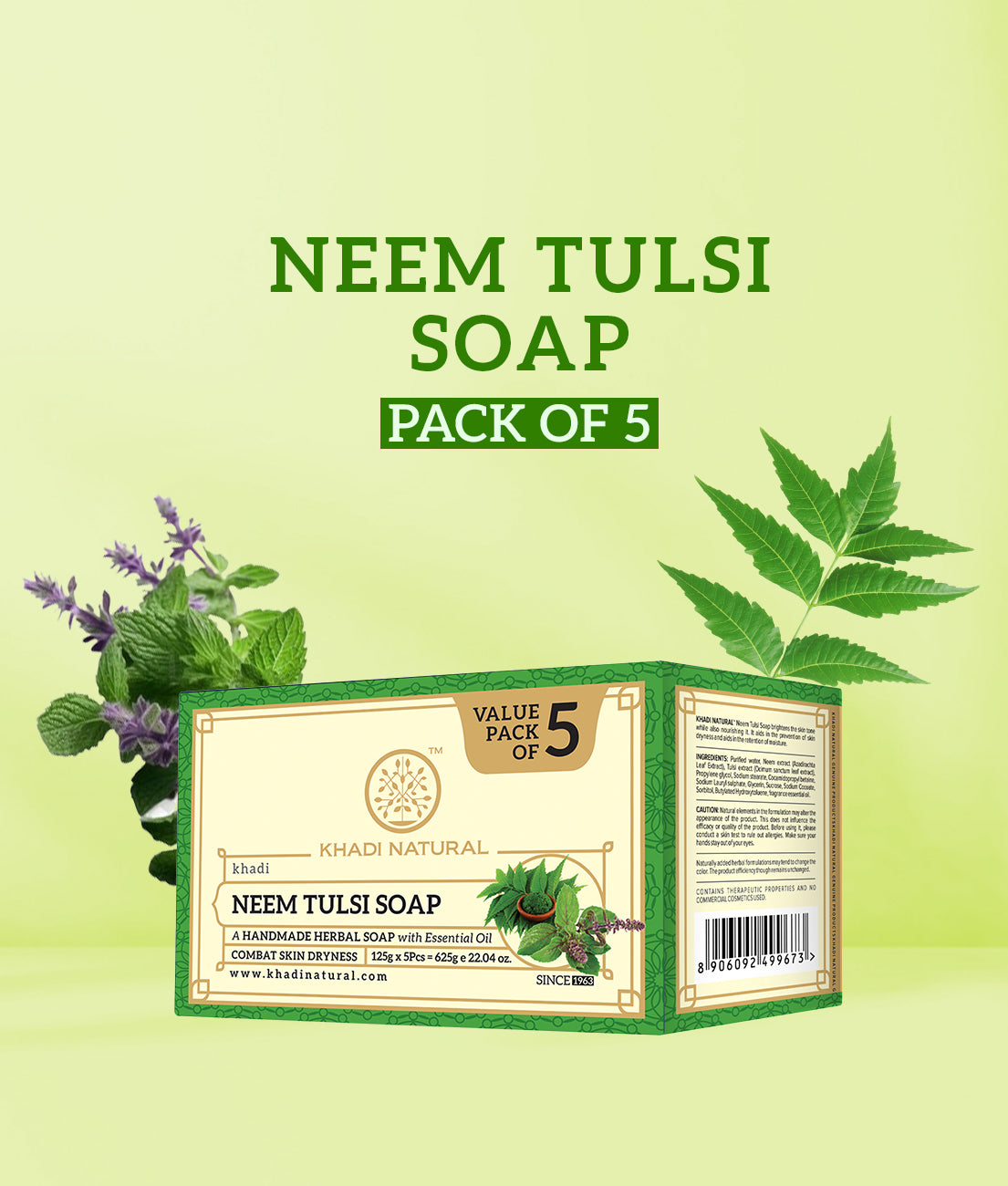 Khadi Natural Herbal Neem Tulsi Soap Purifying Care Pack of 5 (625g)