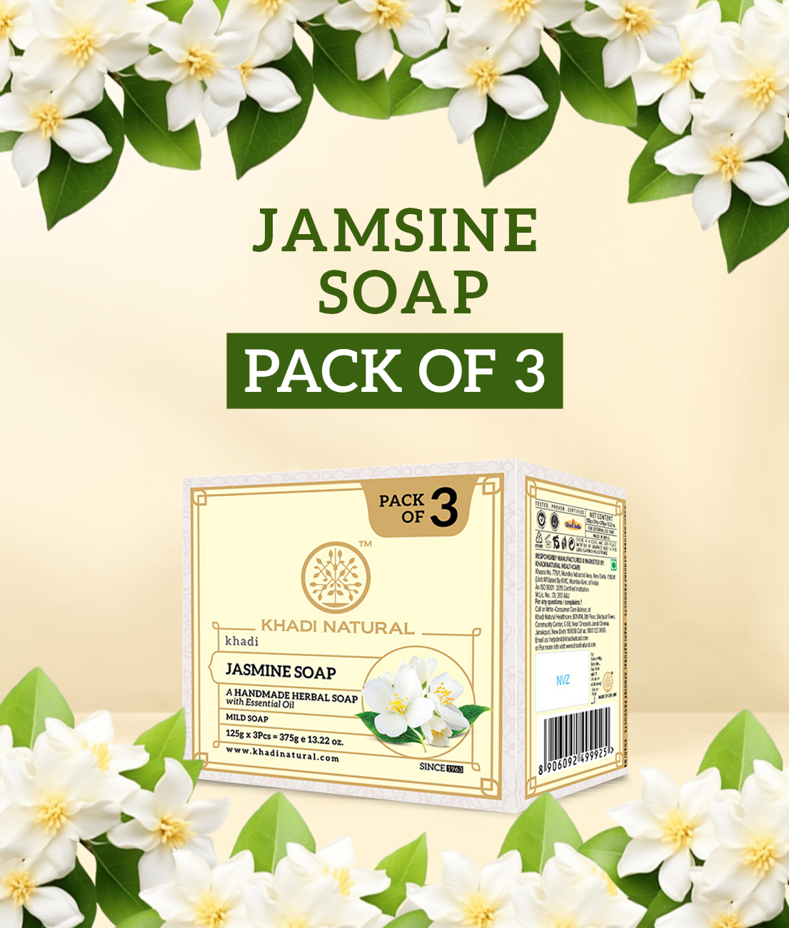 Khadi Natural Herbal Jasmine Soap Refreshing Bath Bar Pack of 3 (375g)