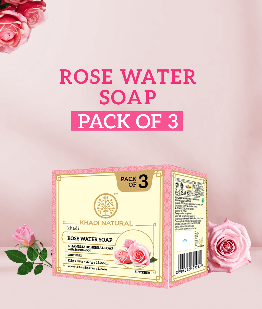 Khadi Natural Handmade Rosewater Soap Refreshing Care Pack of 3 (3×125g)