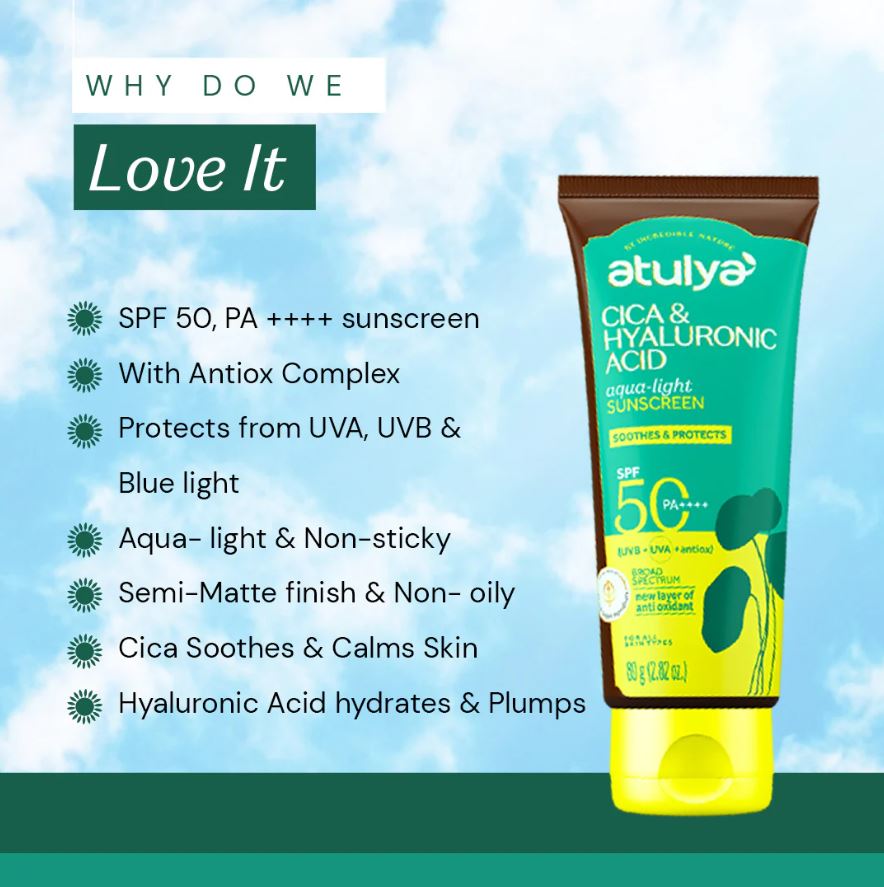 Atulya CICA & Hyaluronic Acid Sunscreen | SPF 50 PA++++ | Aqua-light - 80g