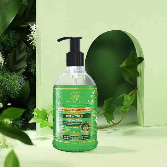 Khadi Natural Anti-Bacterial Neem Tulsi Hand Wash Bottle & Dispenser Pack of 2 (2×300ml)