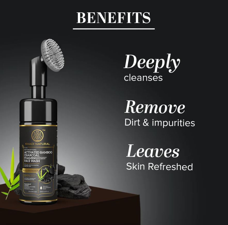 Khadi Natural Activated Bamboo Charcoal Foaming Face Wash with In- Built Face Brush - 150ml