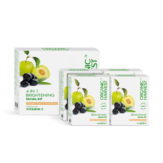 4-in-1 Brightening Facial Kit Facial Kit, Reduces Fine Lines & Wrinkles, Infused with Kakadu Plum & Acai Berry, Ideal for All Skin Types, 100% American Certified Organic, Sulphate Free - 40gm Each(Pack of 4)