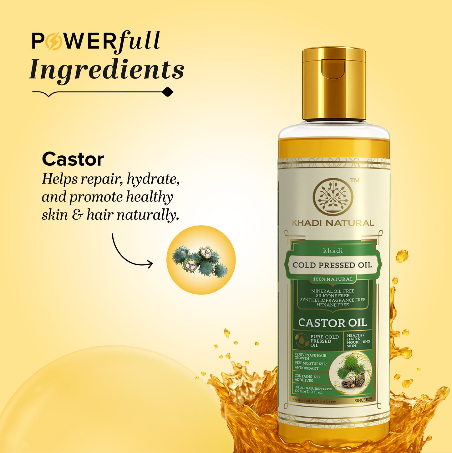Khadi Natural Cold Pressed Pure Castor Oil for Skin & Hair Nourishment 210g