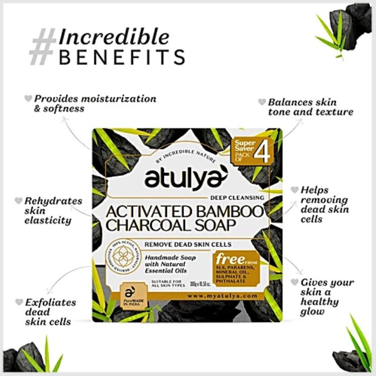 Atulya Activated Bamboo Charcoal Soap | Purifies Pores, Removes Impurities | SLS & Paraben Free | For all skin types | 300 gm (Value pack of 4)