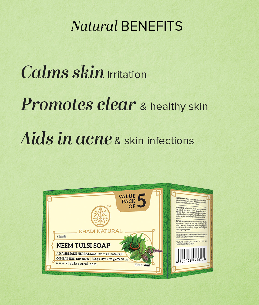 Khadi Natural Herbal Neem Tulsi Soap Purifying Care Pack of 5 (625g)