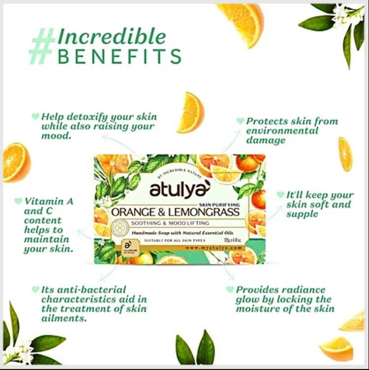 Atulya Skin Purifying Orange & Lemongrass Soap - Handmade, Soothing & Mood Lifting, 125 g