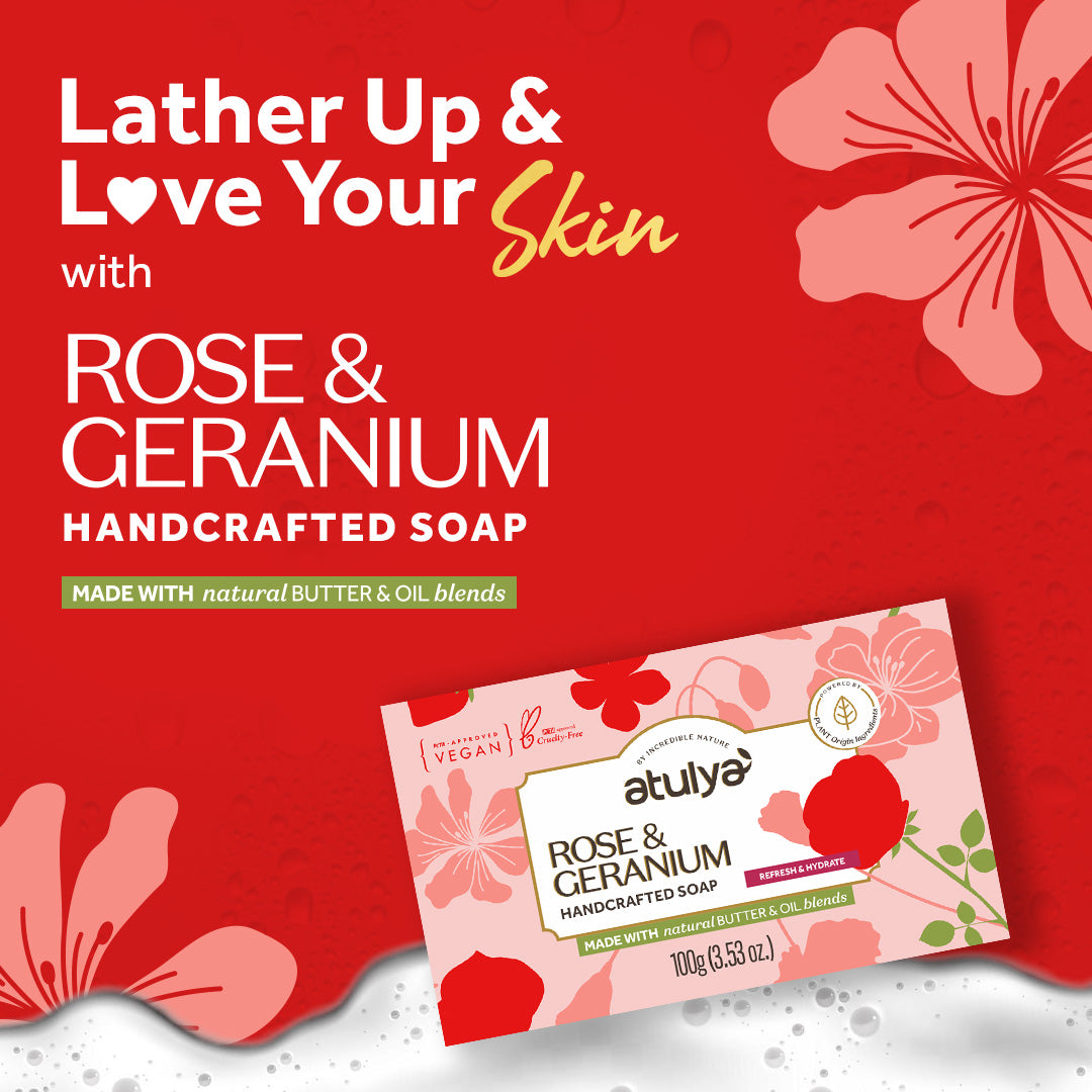 Atulya Rose & Geranium Handcrafted Soap | Hydrates & Refreshes | SLS & Paraben Free | For All Skin Types | 125 gm