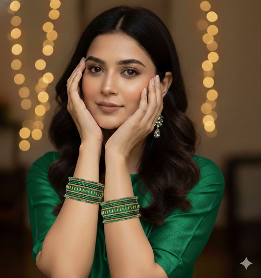 Set of 6 Emerald Green & Gold Designer Stone Bangles Set for Women | Festive & Wedding Wear Bangles