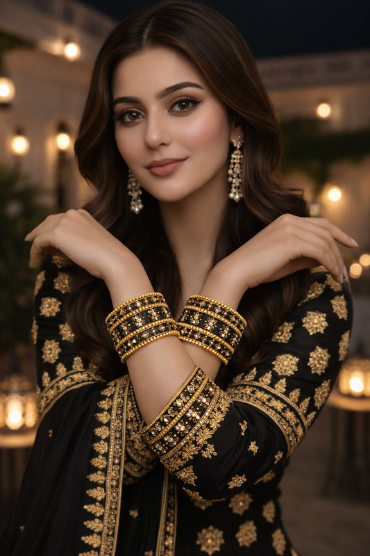 Set of 6  Black & Gold Designer Stone Bangles Set for Women | Festive, Wedding & Party Wear Bangles